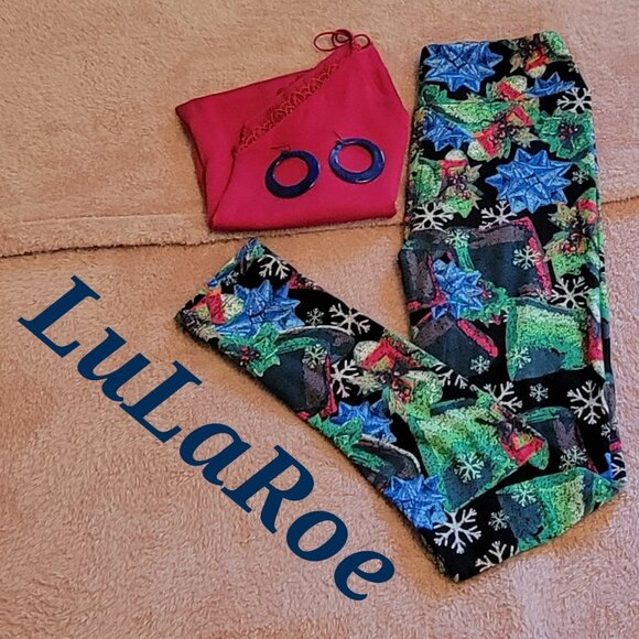 LuLaRoe festive holiday Christmas blue green red leggings. O/S - Picture 1 of 4